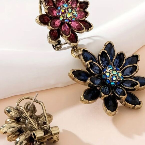 🌺 Heidi Daus Stunning Double Floral Earrings with Ruby and Blue Crystals 🌺 - Picture 2 of 5